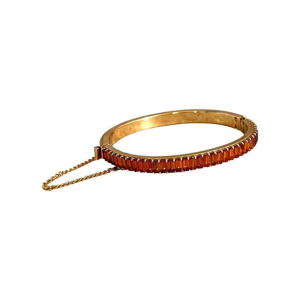 Vintage 1960s Amber Crystal Baguettes Hinged Clamper Bracelet Gold Tone - 15A
